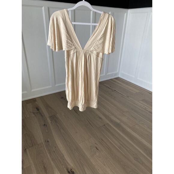 Francescas Whisper Womens Cream Plunging V Neck Flutter Sleeve Tunic Blouse Sz M - Picture 1 of 7